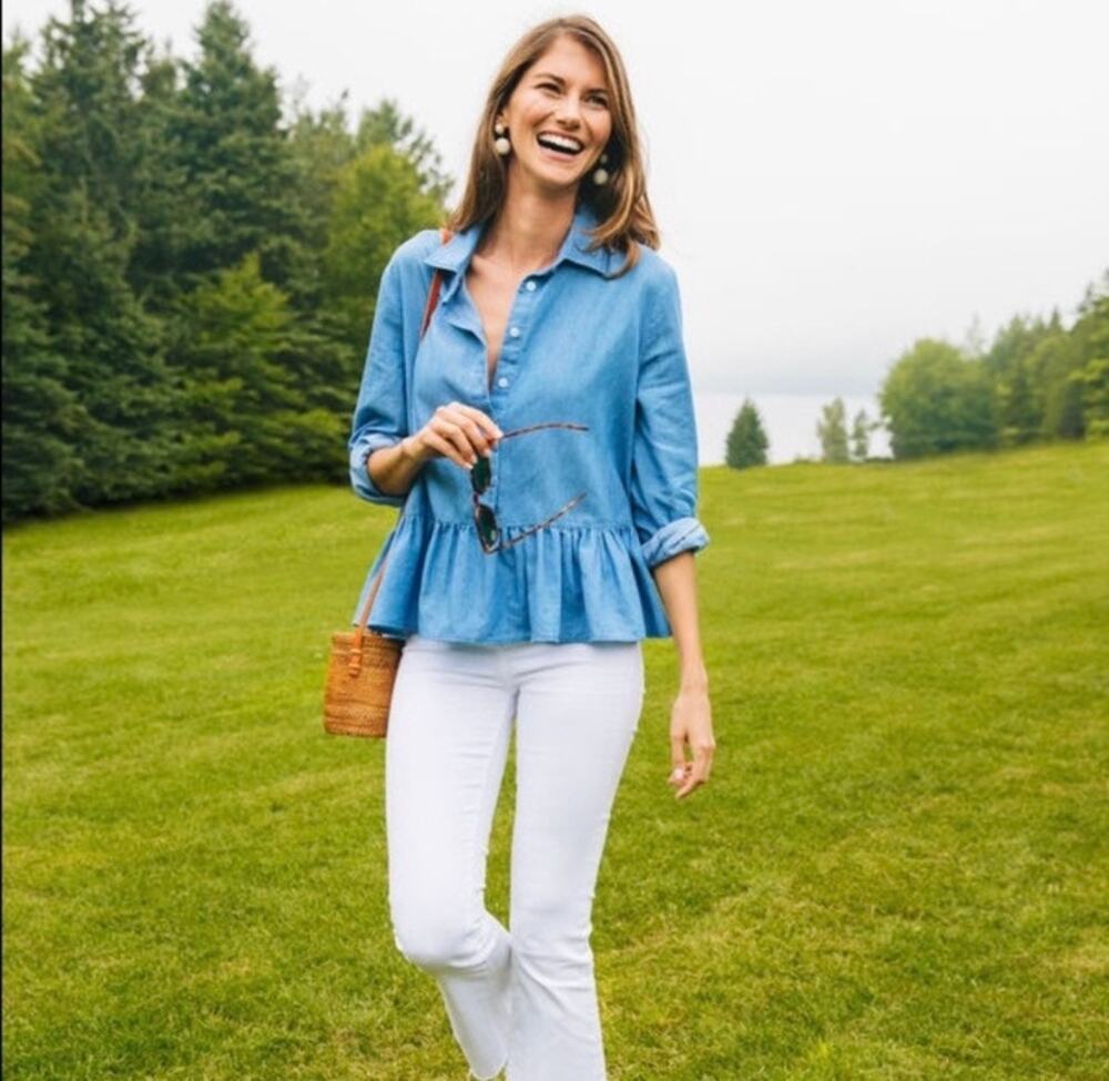 Tuckernuck Pomander Place Charley Chambray Blouse Small Blue Button Up Peplum
